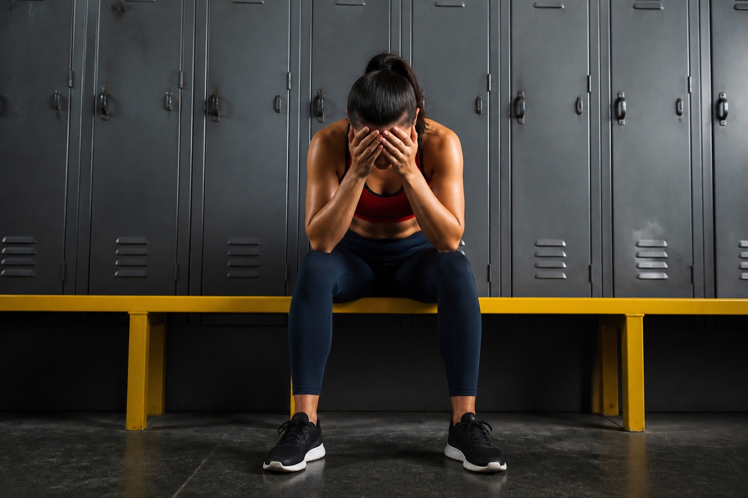 An athlete sitting alone in a locker room